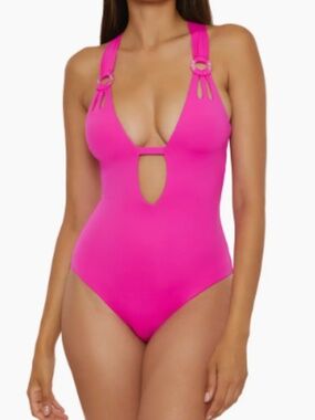 BECCA Color Code Plunge One Piece Swimsuit Hot Pink Monokini NWT